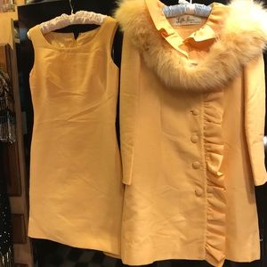Vintage sunny yellow dress & coal set with fur